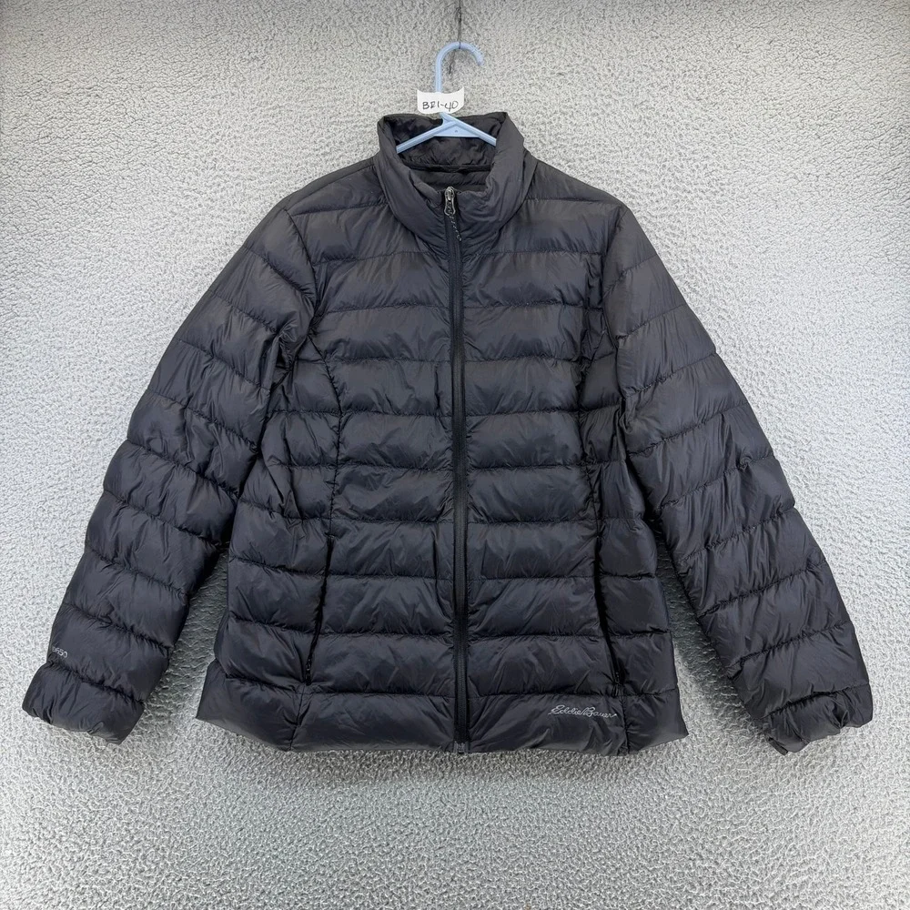 Eddie Bauer EB650 Down Puffer Jacket Womens Large Black Full Zip Quilted READ